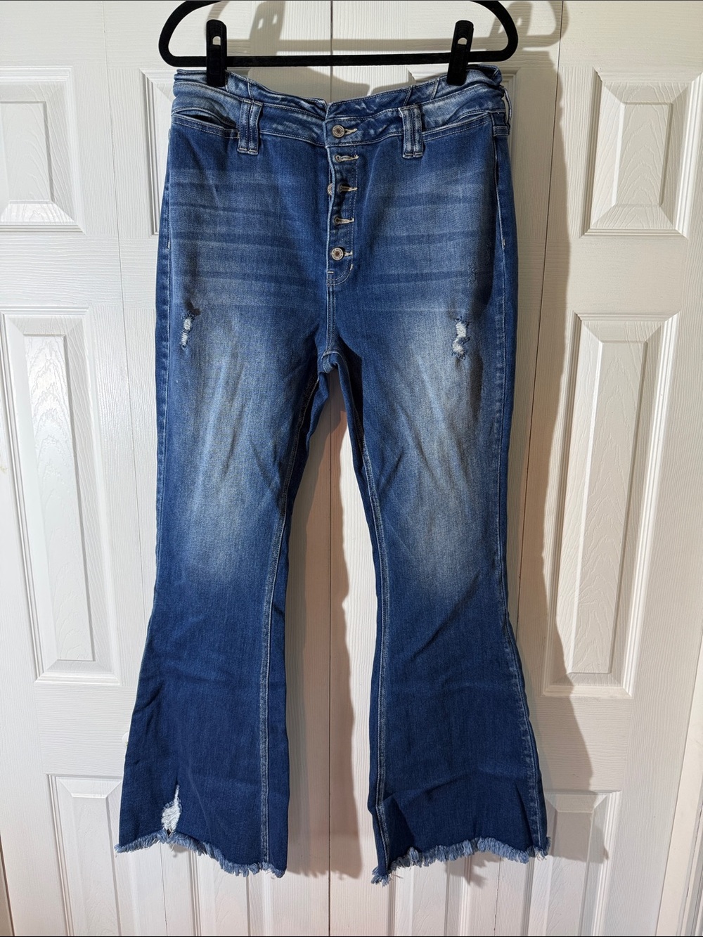 KanCan Distressed Medium Blue Flare Jeans with Frayed Hem